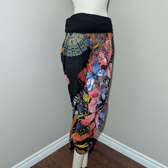 Desigual Butterfly Floral Foldover Waist Cropped Pants EU 34 Black Multicolor - Picture 5 of 13